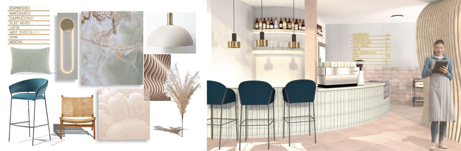 Café sample board and render with navy bar stools by Carolina Ghigonetto