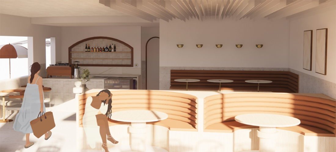 Café interior render with curved banquettes by graduate Ishoa Scozzafava