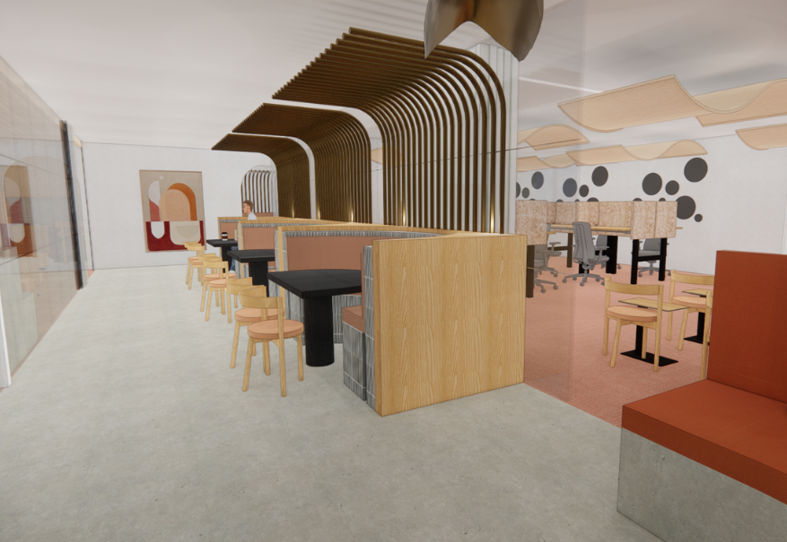 Office interior render with arched timber booths by graduate Ishoa Scozzafava