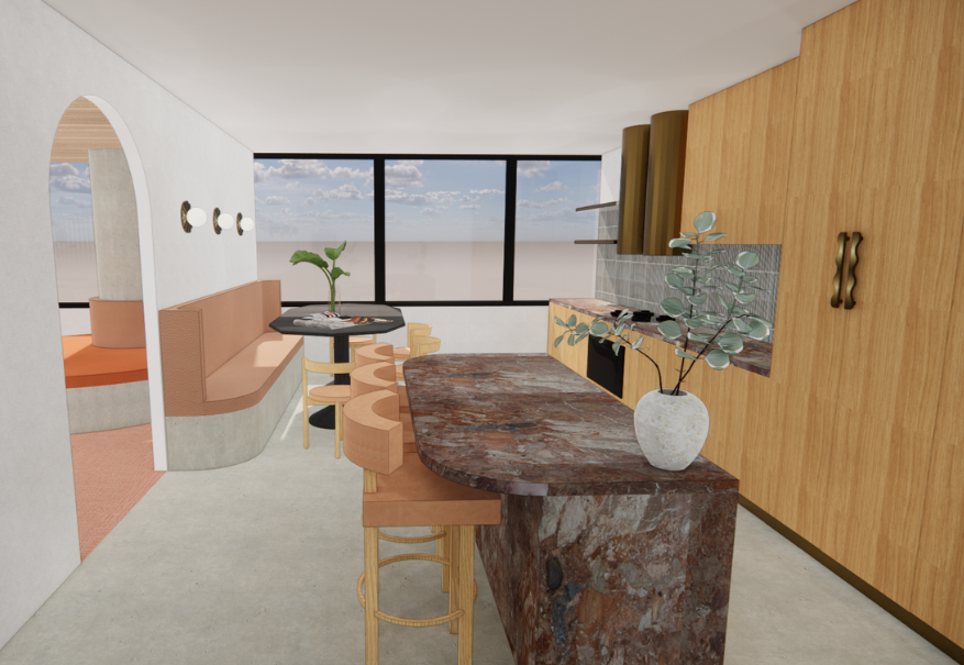 Office kitchen render with a marble island by graduate Ishoa Scozzafava