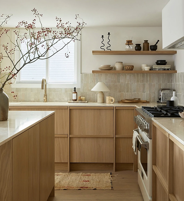 Wellington home kitchen with timber cabinetry and open shelves by Agathe Corbet