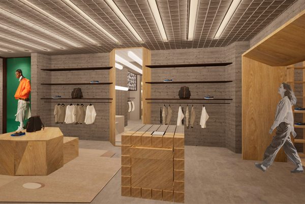 Vans concept store render with timber display plinths by student Anthony Simonetta
