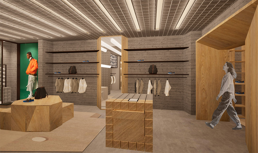 Vans concept store render with timber display plinths by student Anthony Simonetta