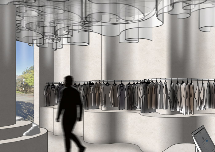 Vans concept store render with curved white columns by student Anneliese Cook