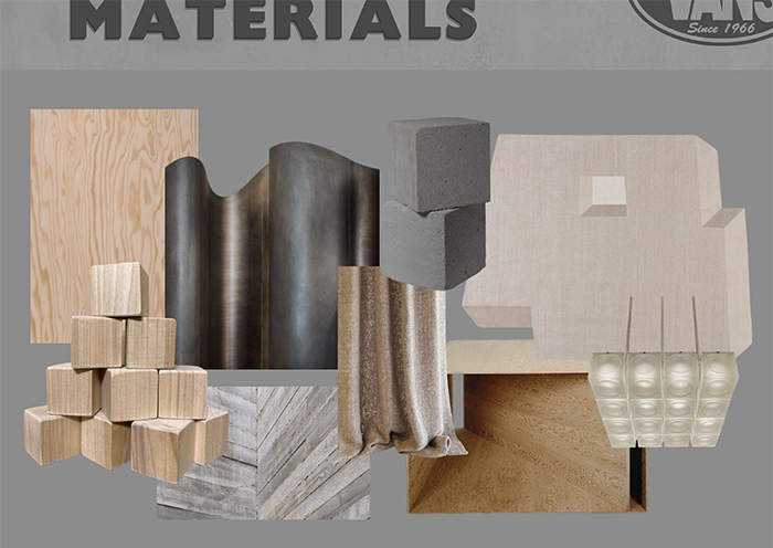 Vans concept store materials board with timber and metal samples by Anthony Simonetta