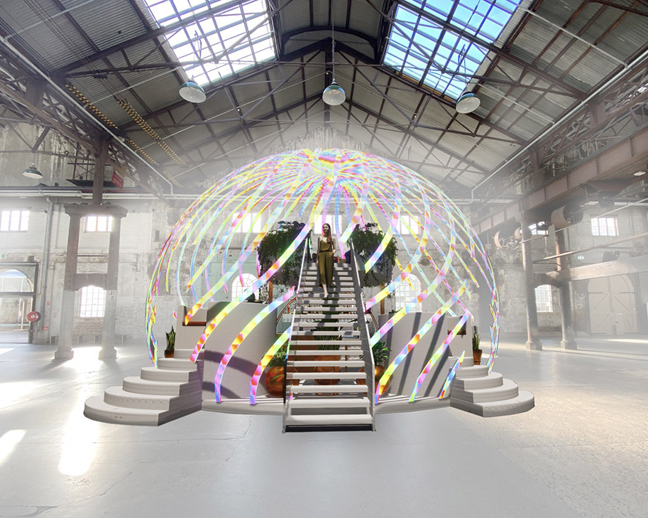 Carriageworks installation render with iridescent dome by student Ash G, International Design Awards