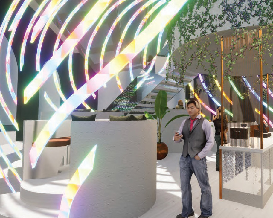 Iridescent ribbon installation render by student Ash G, International Design Awards