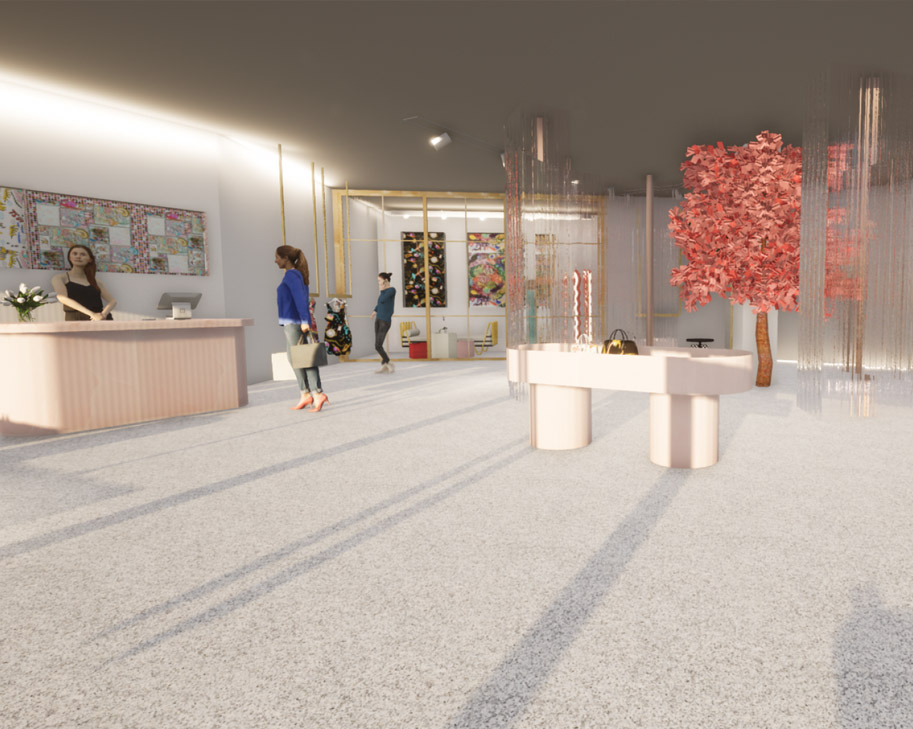 Gallery retail render with a red tree sculpture by student Carmen B, International Design Awards