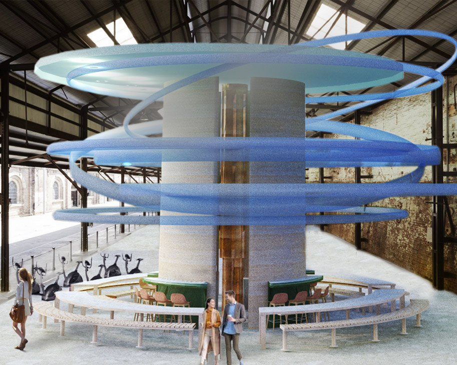 Carriageworks render with blue spiral installation by student Fiona G, International Design Awards