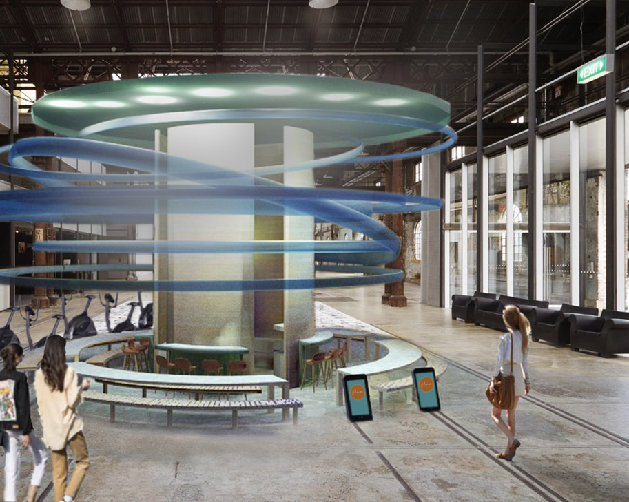 Blue spiral pavilion render in a warehouse by Fiona G, International Design Awards
