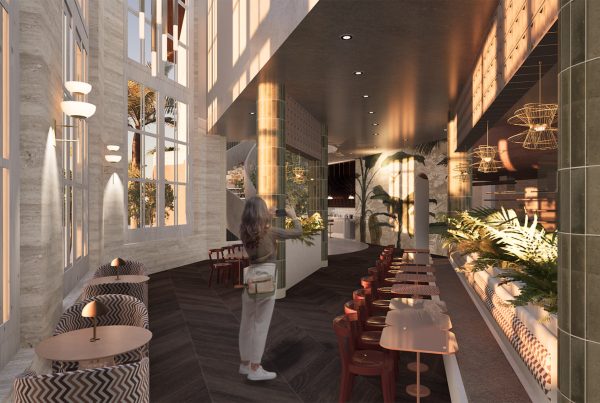 Hospitality interior render with brass bar and banquettes by student Gabby Diaz