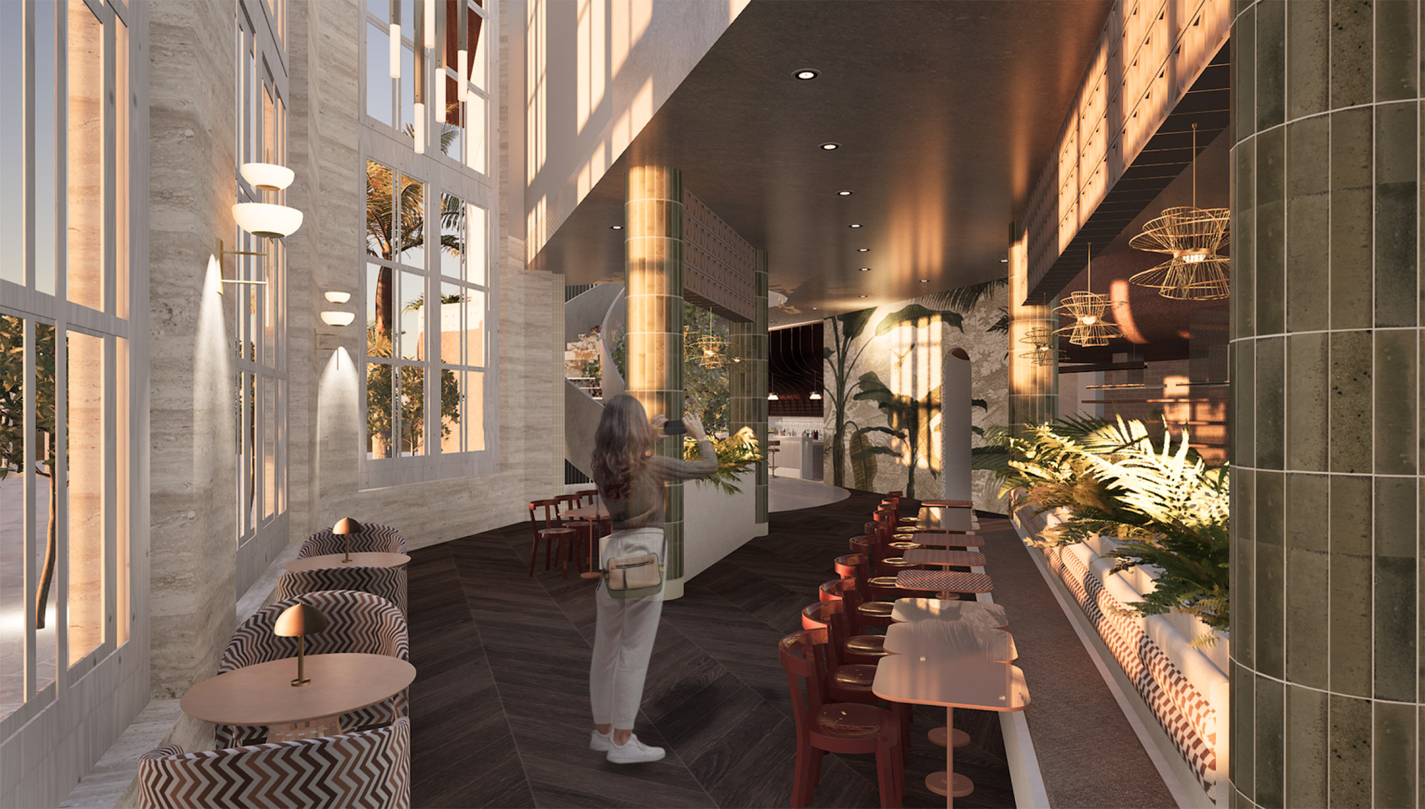 Hospitality interior render with brass bar and banquettes by student Gabby Diaz