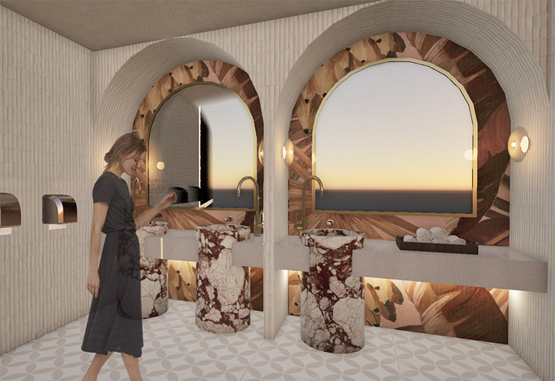 Arched hospitality interior render at dusk by student Gabby Diaz