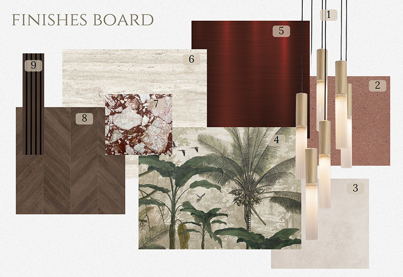 Hospitality finishes board with timber and palm fabric by Gabby Diaz
