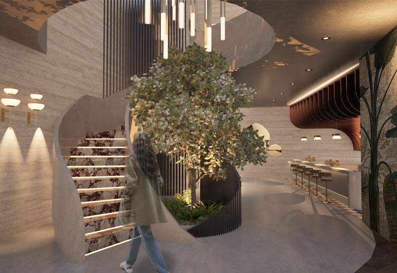 Hotel foyer render with a floating staircase and tree by Gabby Diaz