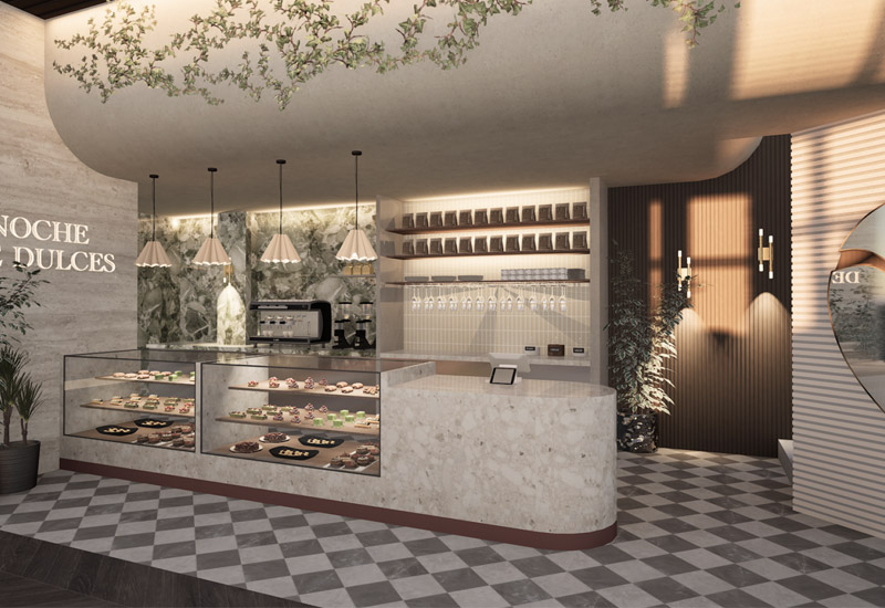Patisserie interior render with a marble counter by student Gabby Diaz