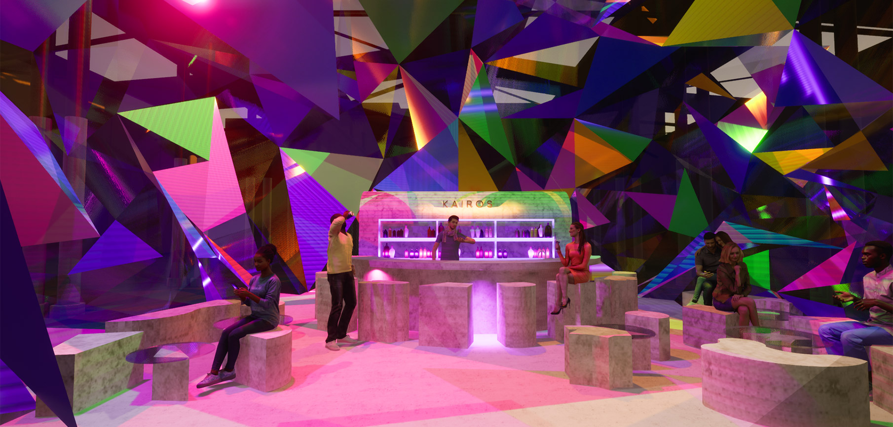 Neon crystal bar render by student Gaby H, International Design Awards