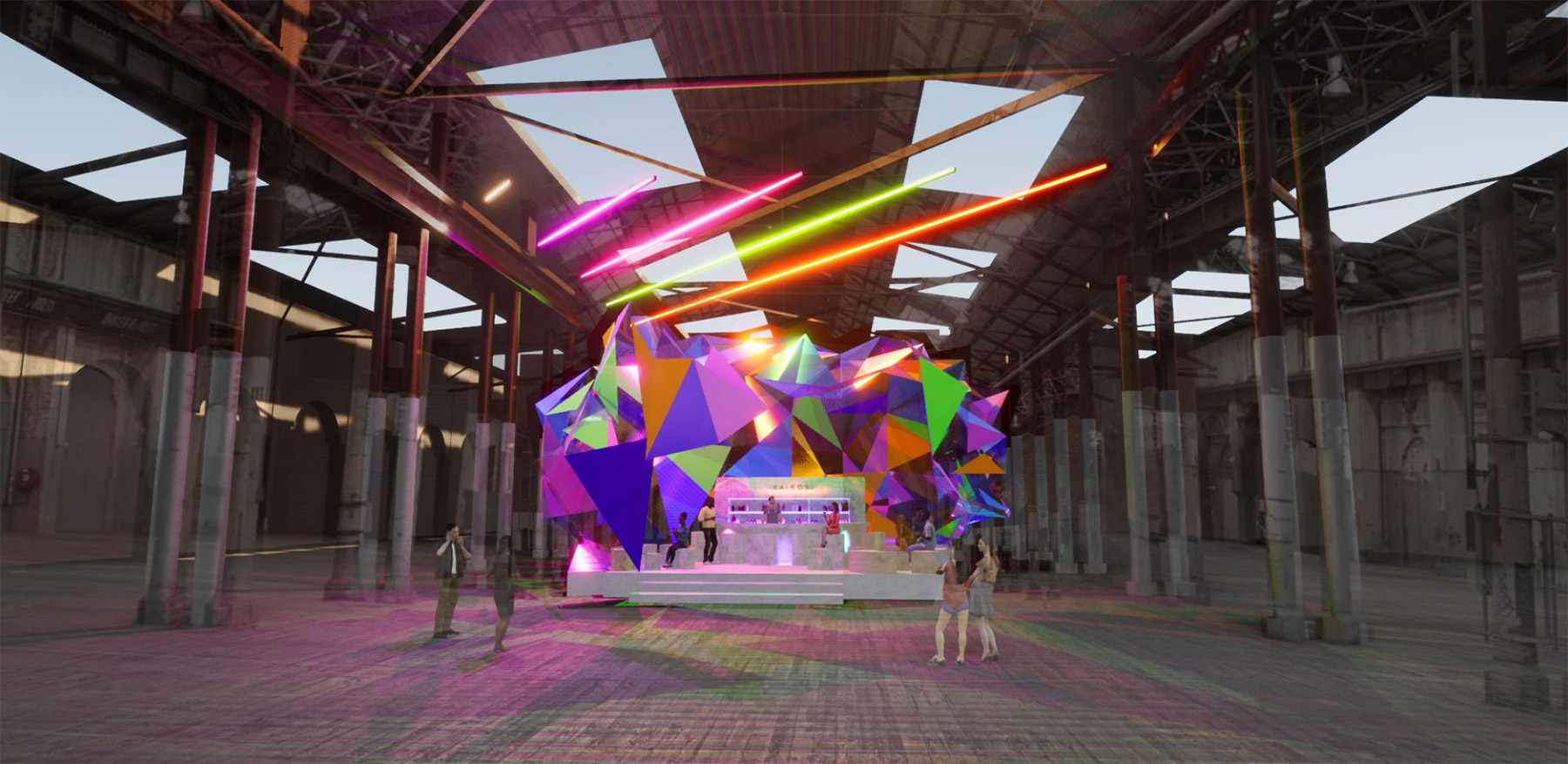Carriageworks event installation render with colourful prisms by Gaby Herbosa