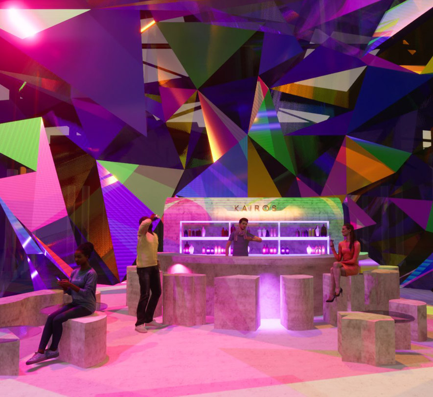 Neon crystal bar installation render at Carriageworks by Gaby Herbosa