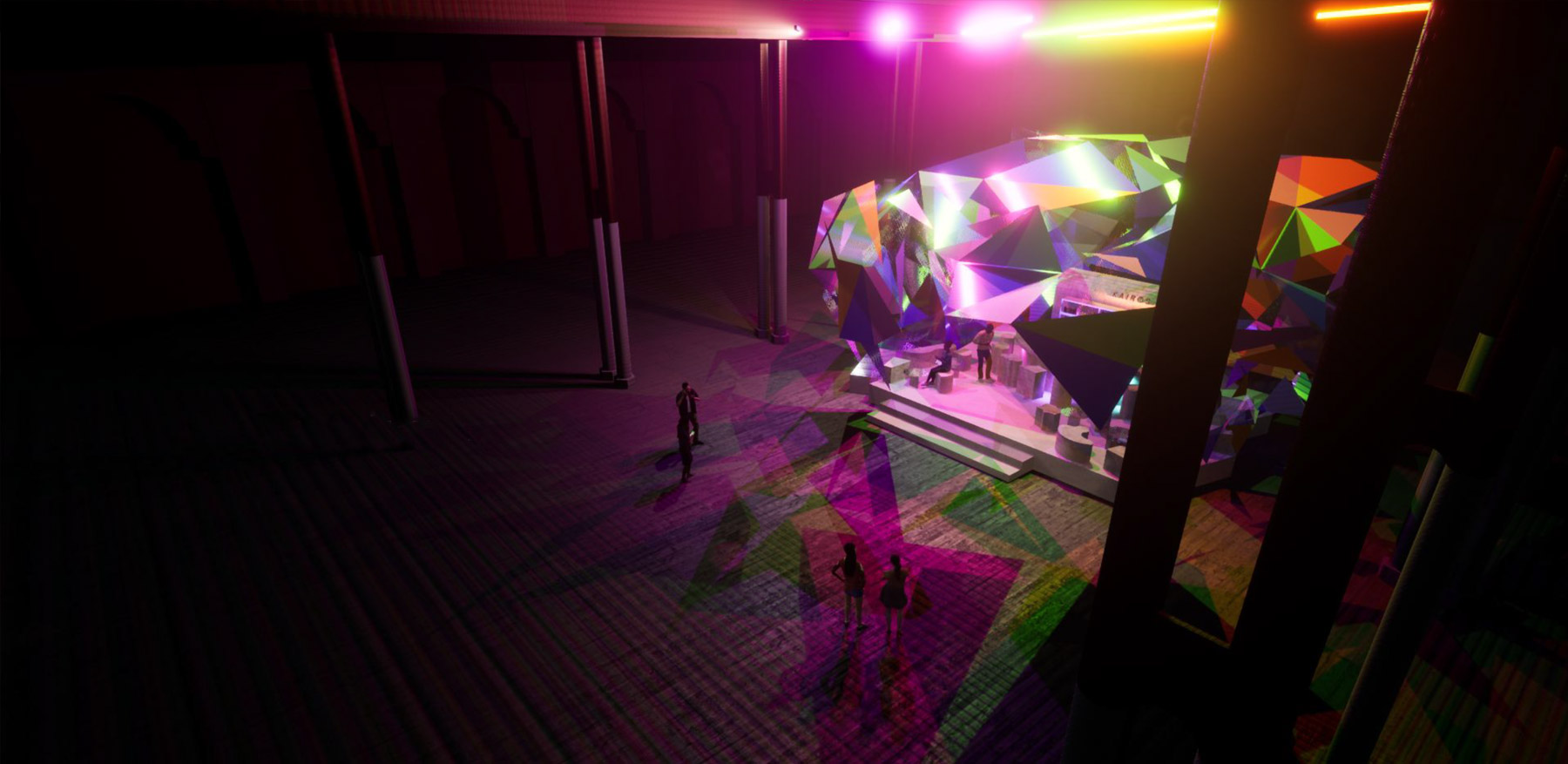 Carriageworks night-time event render with neon lighting by Gaby Herbosa
