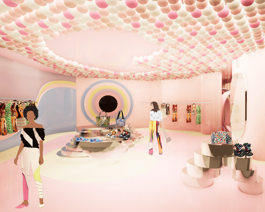 Pink immersive exhibition render by student Gaby S, International Design Awards