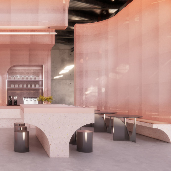 Pink curved retail interior render by Harley Wallace, Dulux Colour Awards finalist