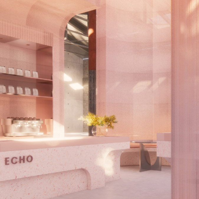 Echo café render in pink tones by Harley Wallace, Dulux Colour Awards finalist