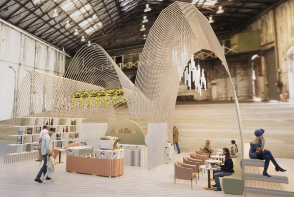 Warehouse installation render with sculptural canopy by student Ivy W, International Design Awards