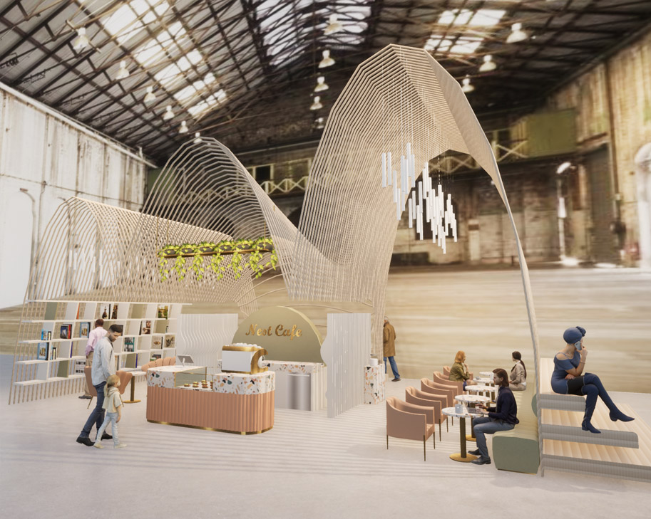 Warehouse installation render with sculptural canopy by student Ivy W, International Design Awards