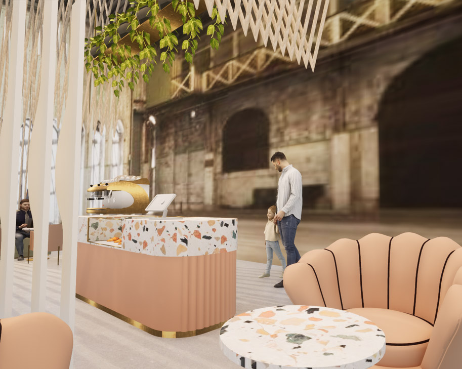 Café render with pink scalloped chairs and hanging plants by Ivy W, International Design Awards
