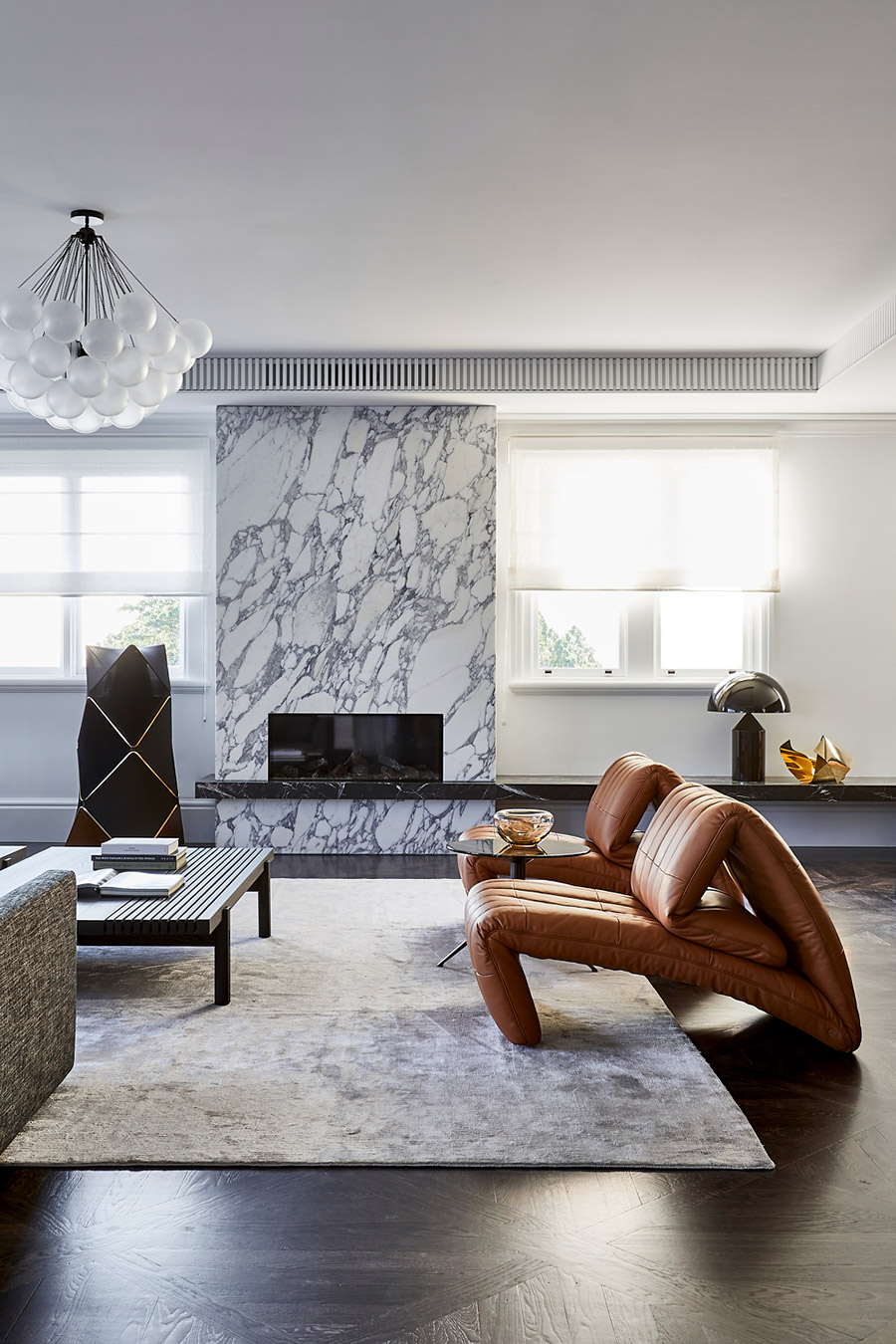 Point Piper living room with marble fireplace by Jillian Dinkel Designs