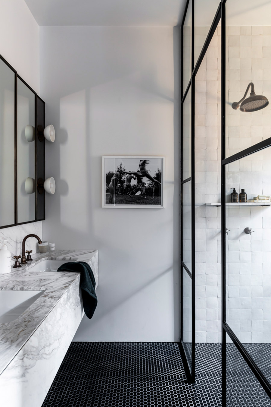 Victorian home bathroom with black steel shower screen by Jillian Dinkel Designs