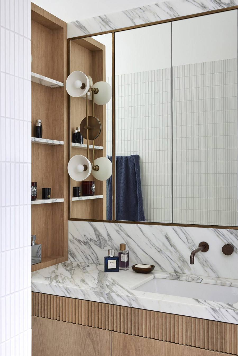 Wiltshire bathroom with marble splashback and timber shelving by Jillian Dinkel Designs