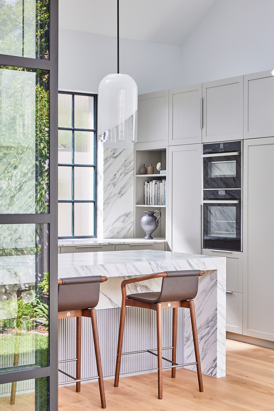 Wiltshire kitchen with timber bar stools and pendant light by Jillian Dinkel Designs