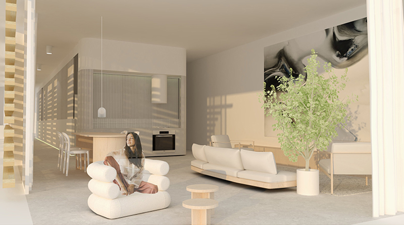 Living room render with a curved sofa by student Jenna Ritchie