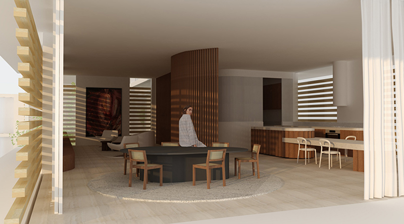 Open-plan interior render with timber screens by student Jenna Ritchie