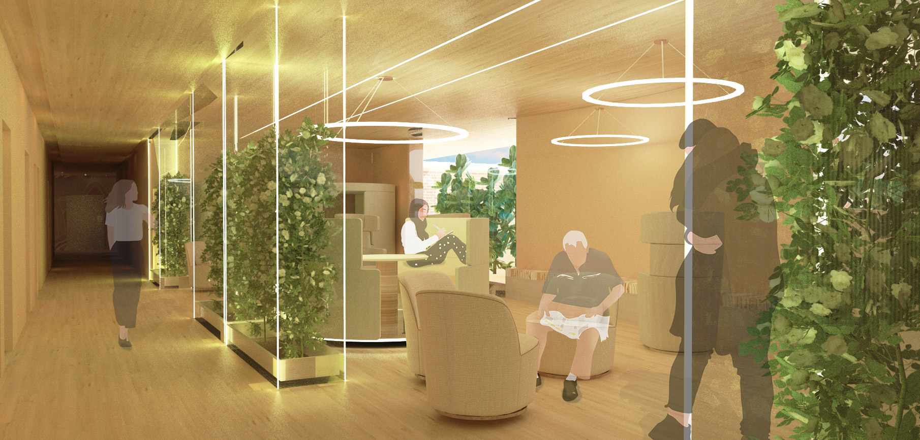 Hotel corridor render with green planter walls by student Louise M, International Design Awards