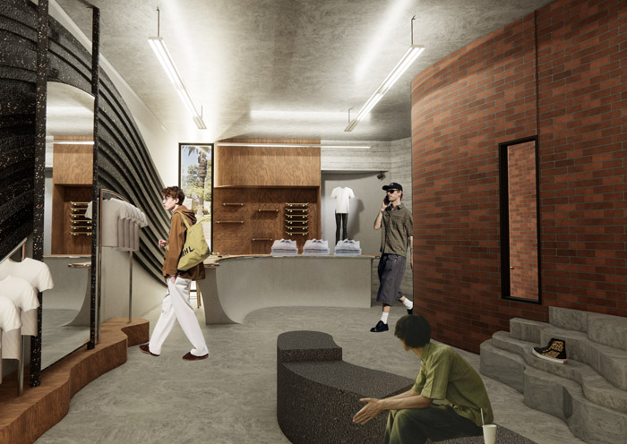 Vans store render with brick wall and lounge seating by student Madisson Garrett