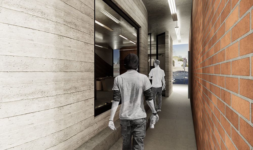 Vans retail corridor render with brick and concrete walls by student Madisson Garrett