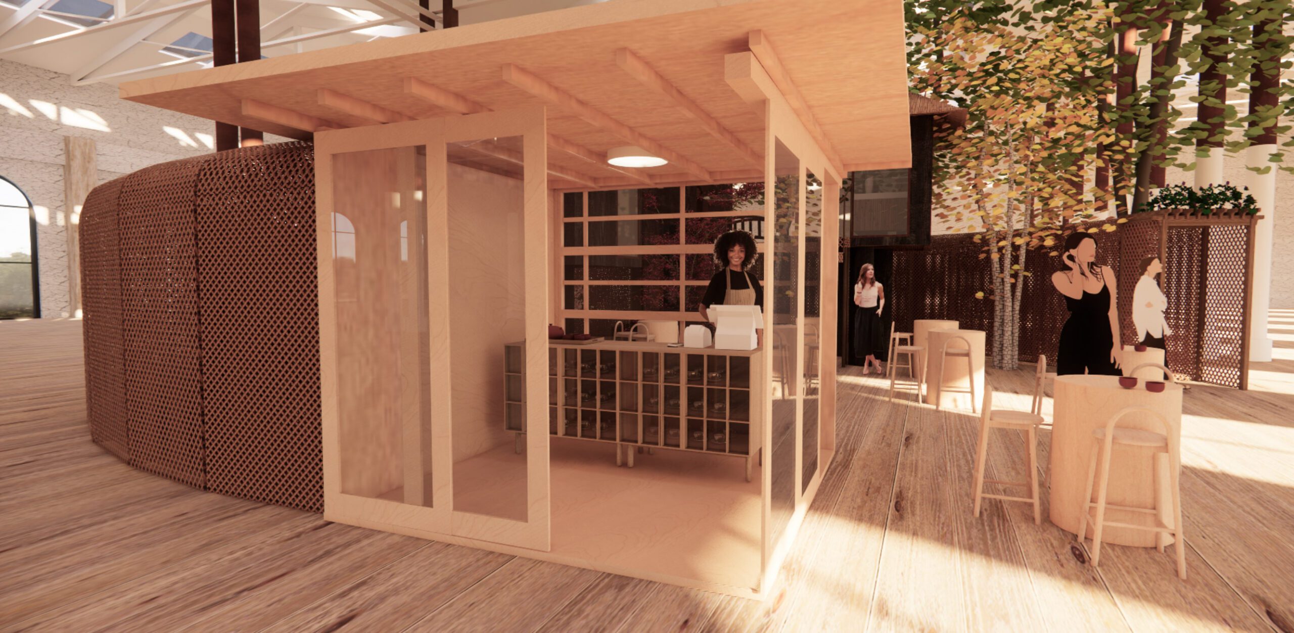 Café interior design render with timber screens and planting by Rebecca Leijer