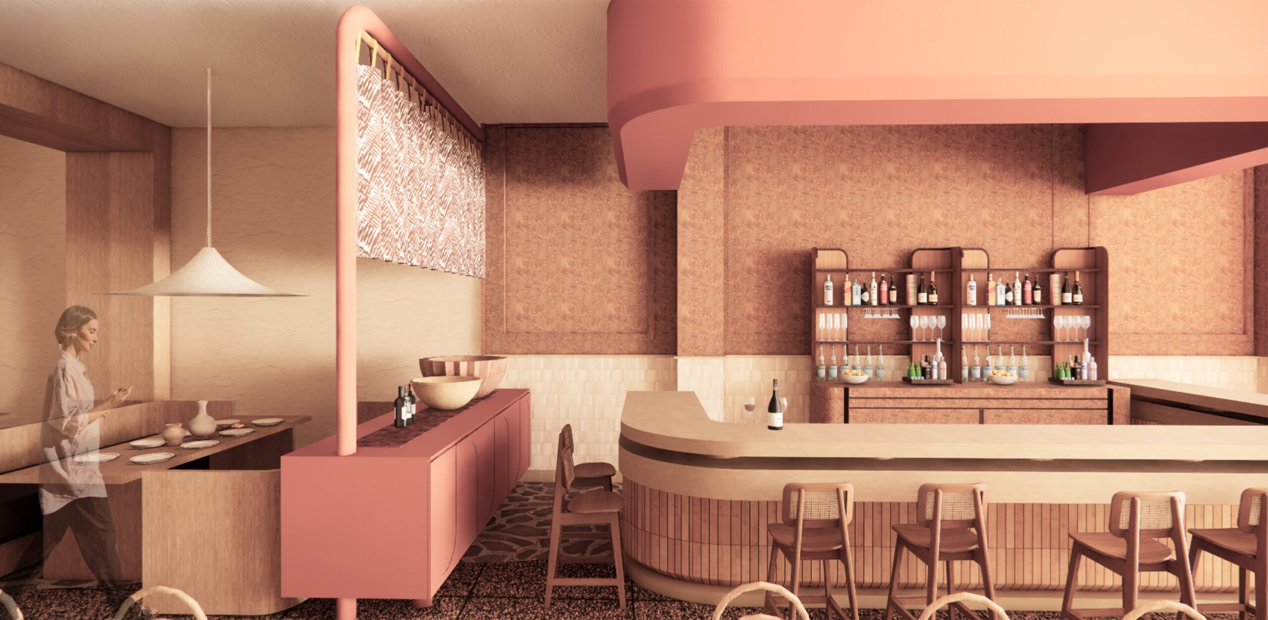 Hospitality bar render in terracotta tones by Rebecca Leijer