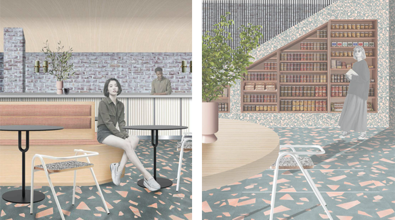 Café interior sketch renders by student Ryan McGregor made in SketchUp