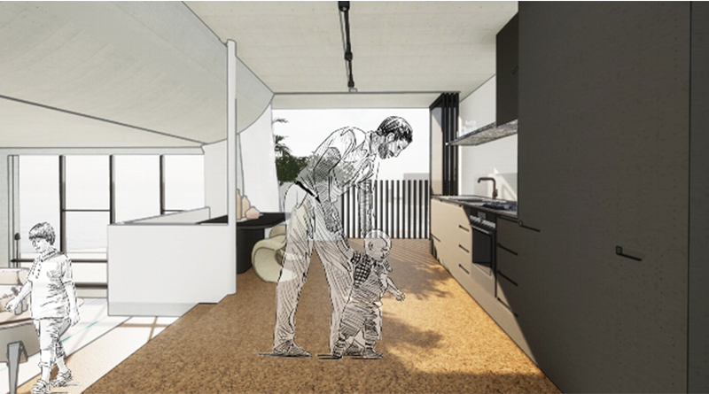 Kitchen render with a sketched figure by student Ryan McGregor, SketchUp