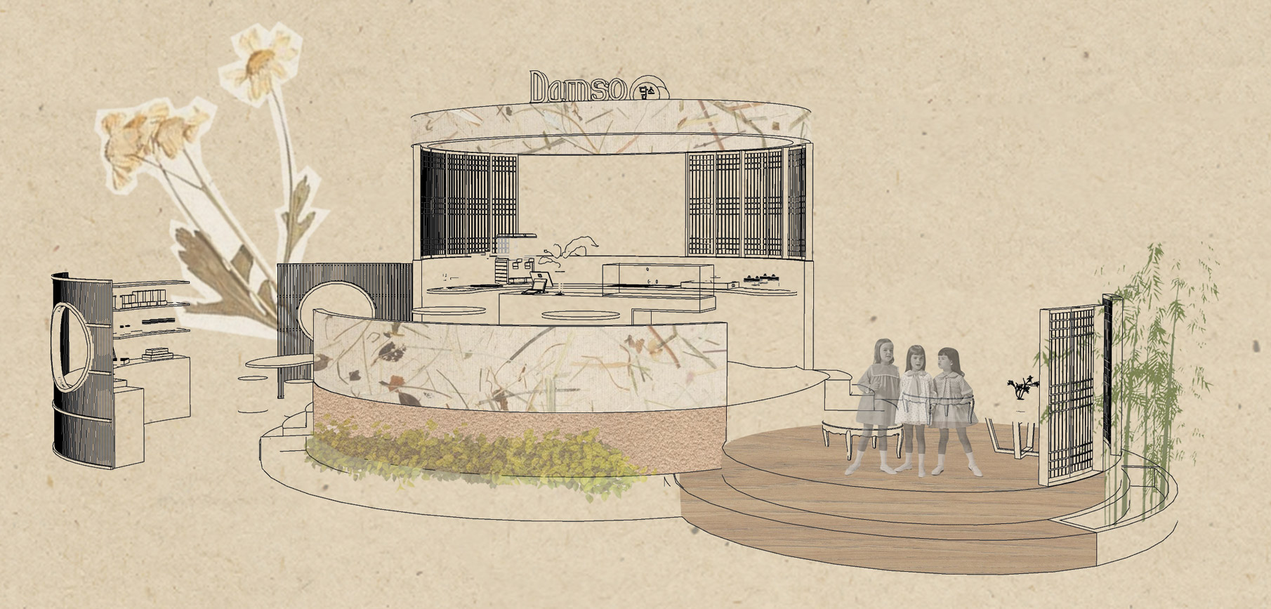 Hand-drawn pavilion sketch with figures by student Songhee L, International Design Awards