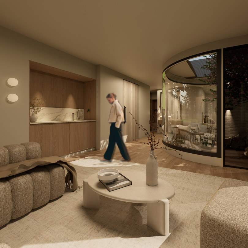 Living room render with curved glass wall, Sydney Design School student work
