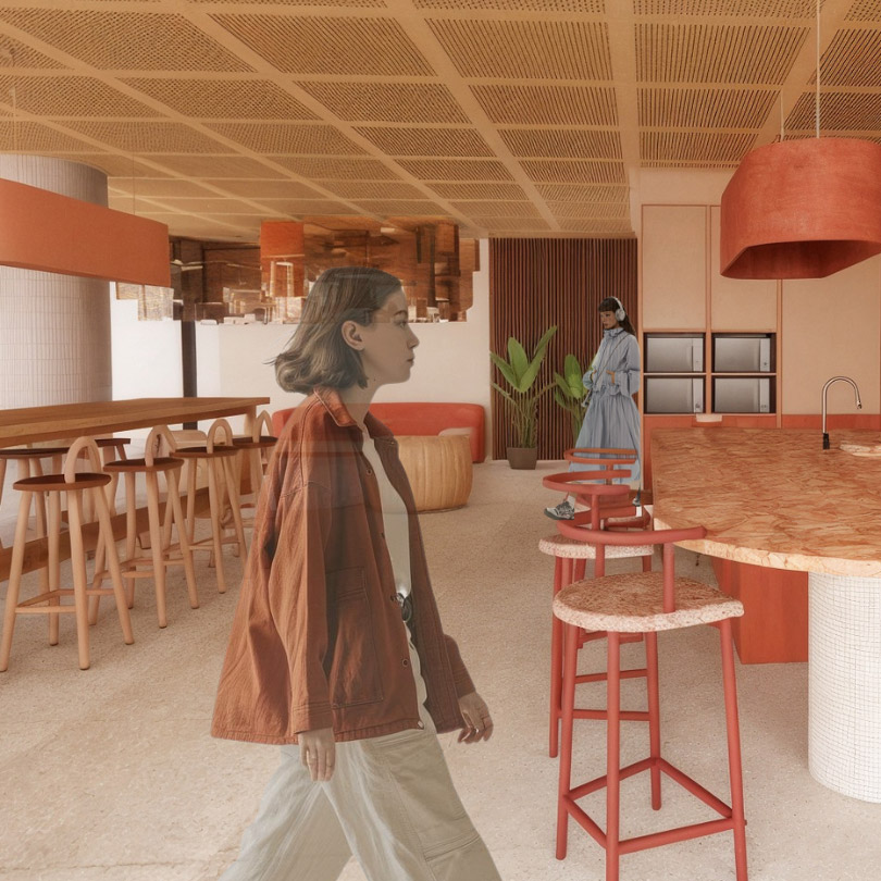 Café interior render with terracotta tones and bar stools, Sydney Design School student work