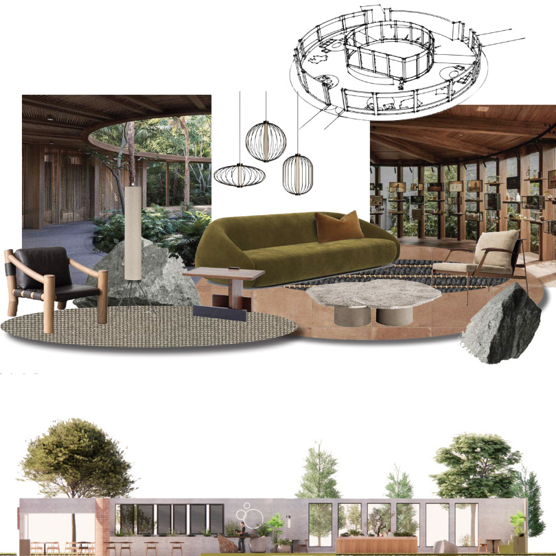 Outdoor landscape concept board with furniture and planting, Sydney Design School student work