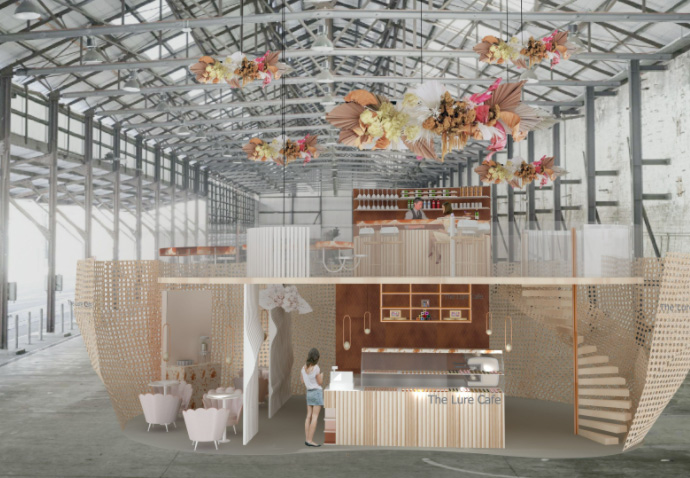Warehouse exhibition interior with a floral ceiling installation by Victoria Saliakouras