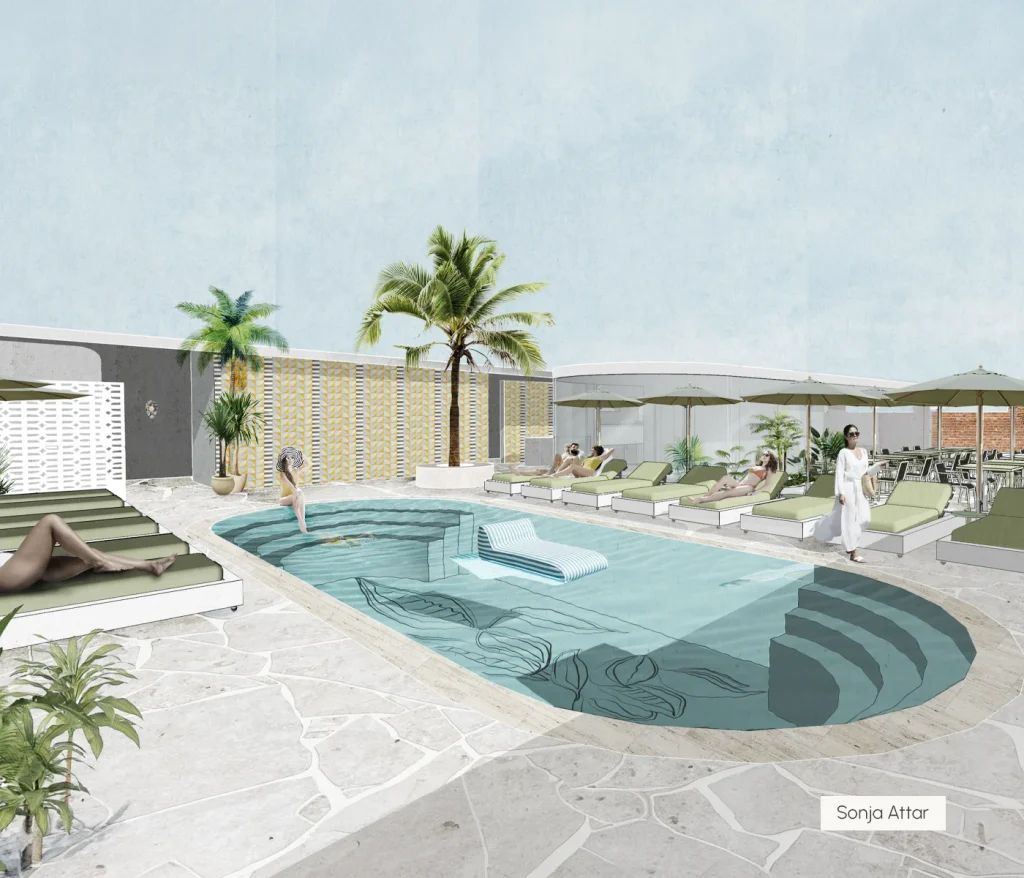 Resort pool concept rendered in Photoshop, Sydney Design School student work