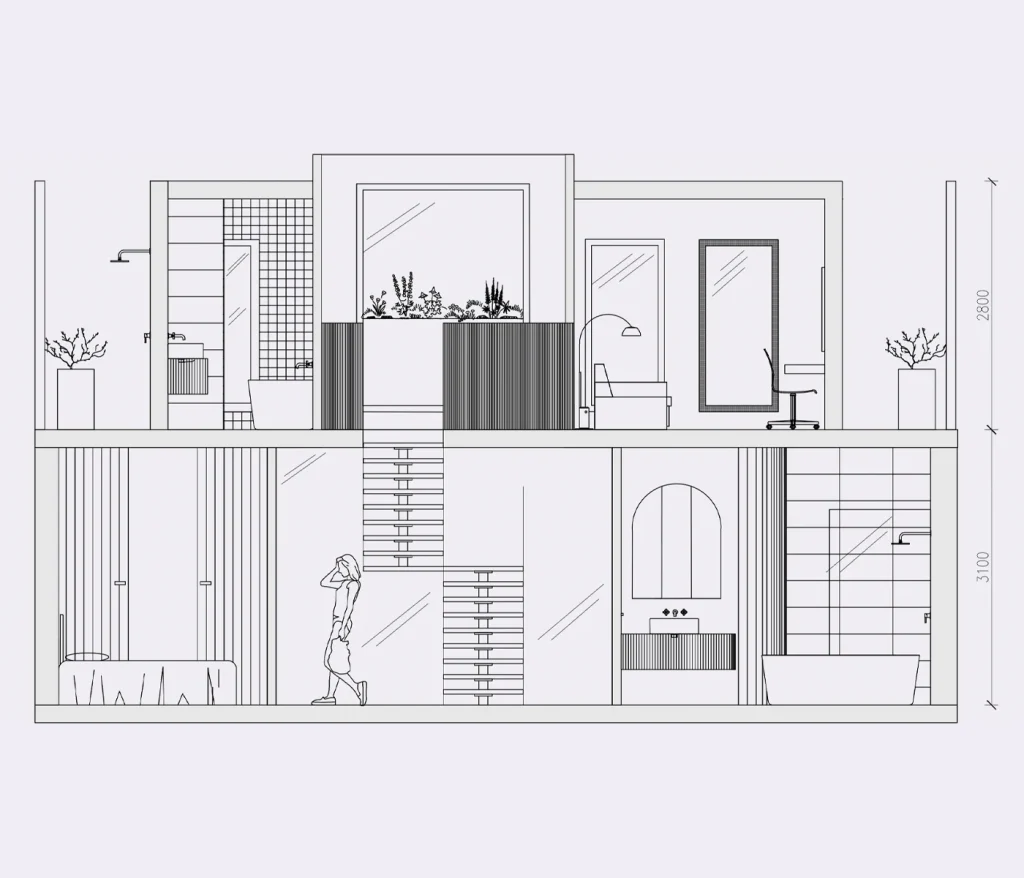 AutoCAD section drawing of a two-storey home, interior design student work